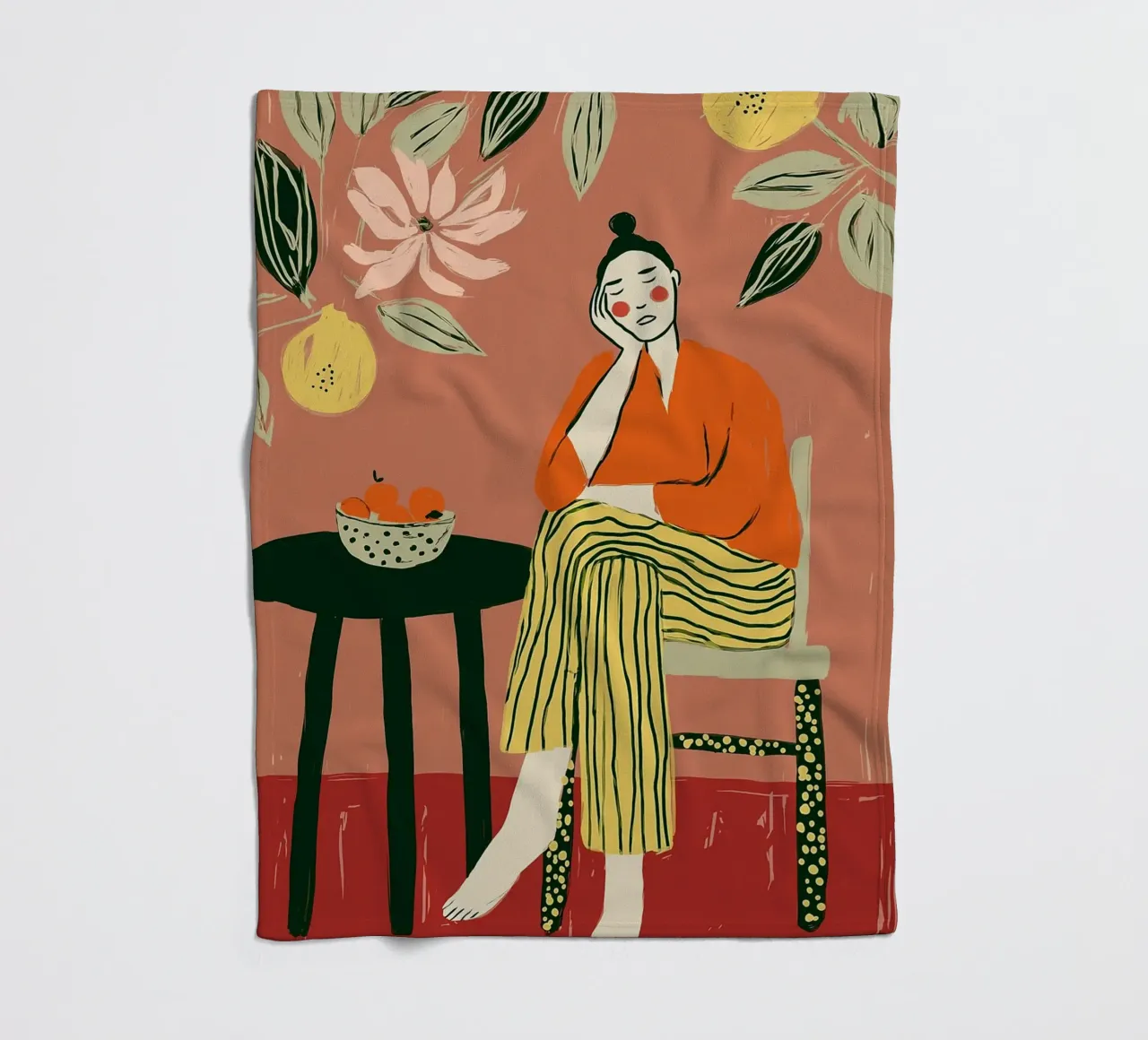 Boho vrouw rustend - Interieur botanische scène fleecedeken van vintagepod