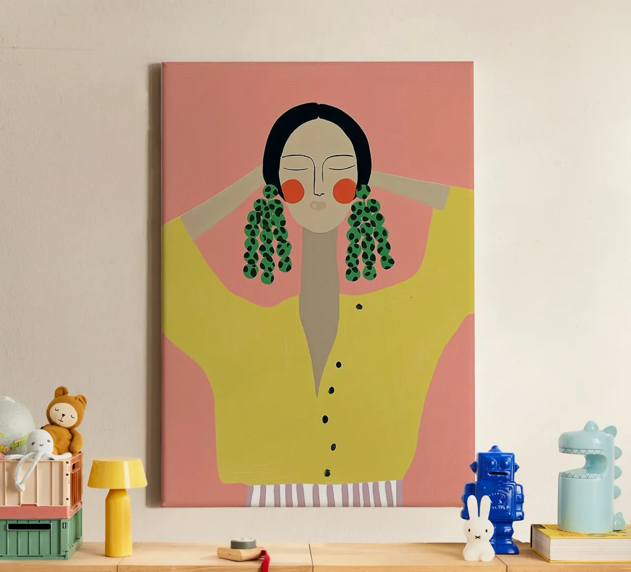 Gewaagde abstracte vrouw - Statement oorbellen Art Print canvas met Baklijst van vintagepod