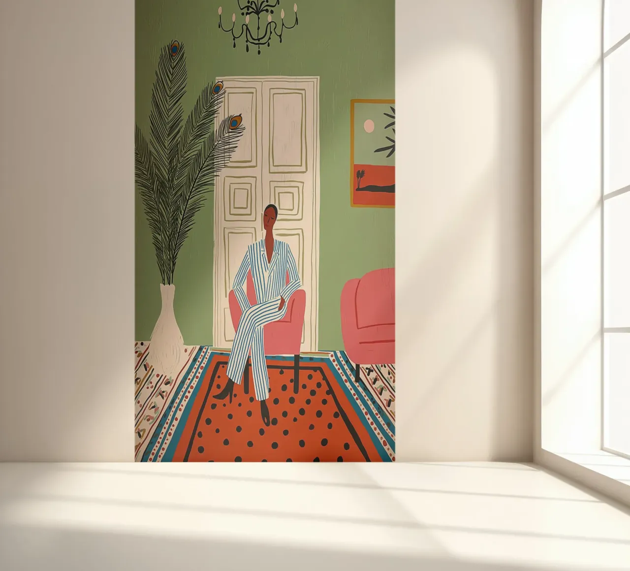 Chic Woman in Striped Suit - Mid-Century Interior photo wallpaper by vintagepod
