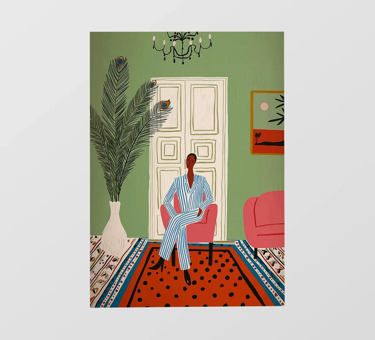 Chic Woman in Striped Suit - Mid-Century Interior photo wallpaper by vintagepod