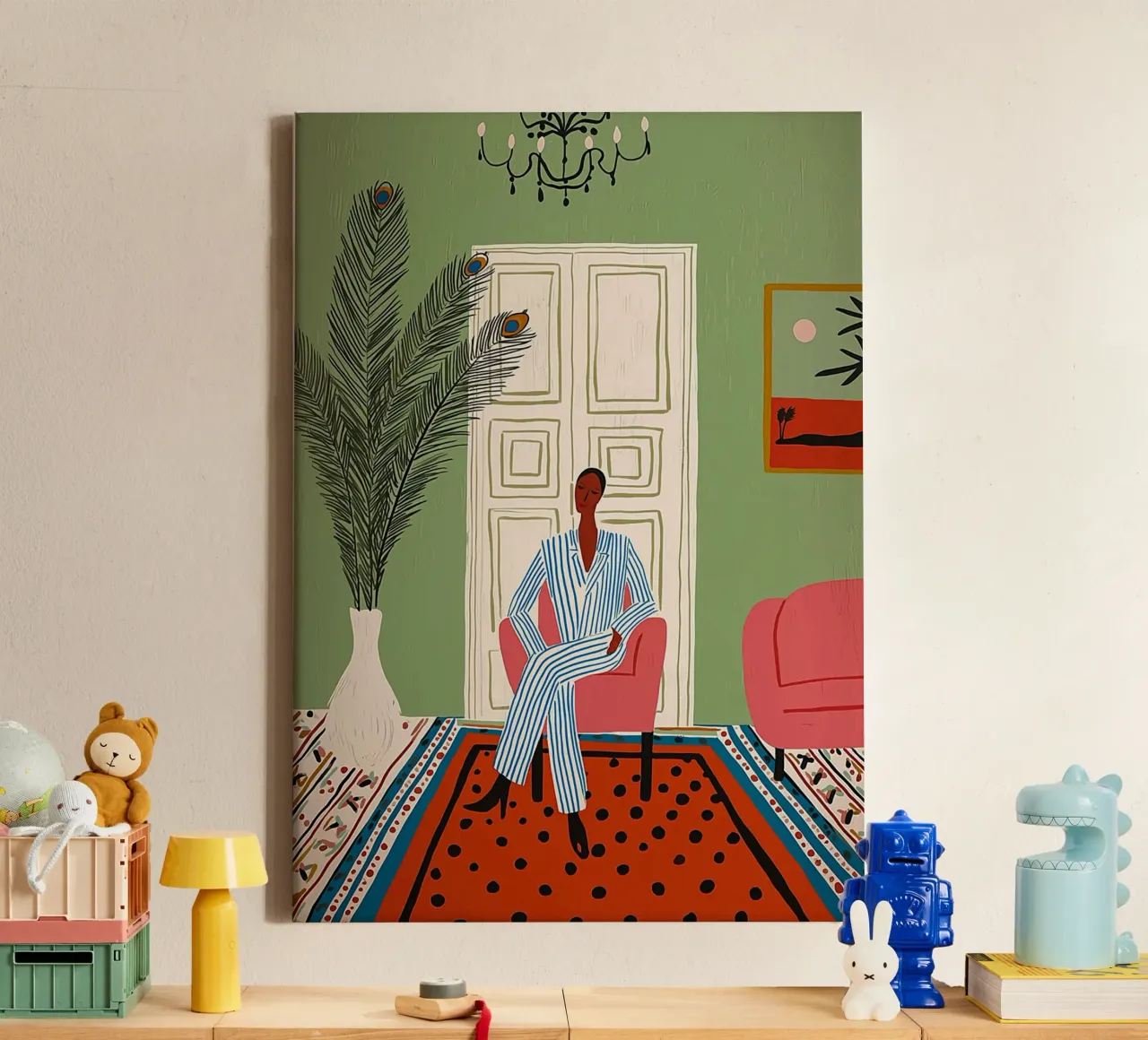 Donna chic in abito a righe - Interni di metà secolo tela da vintagepod
