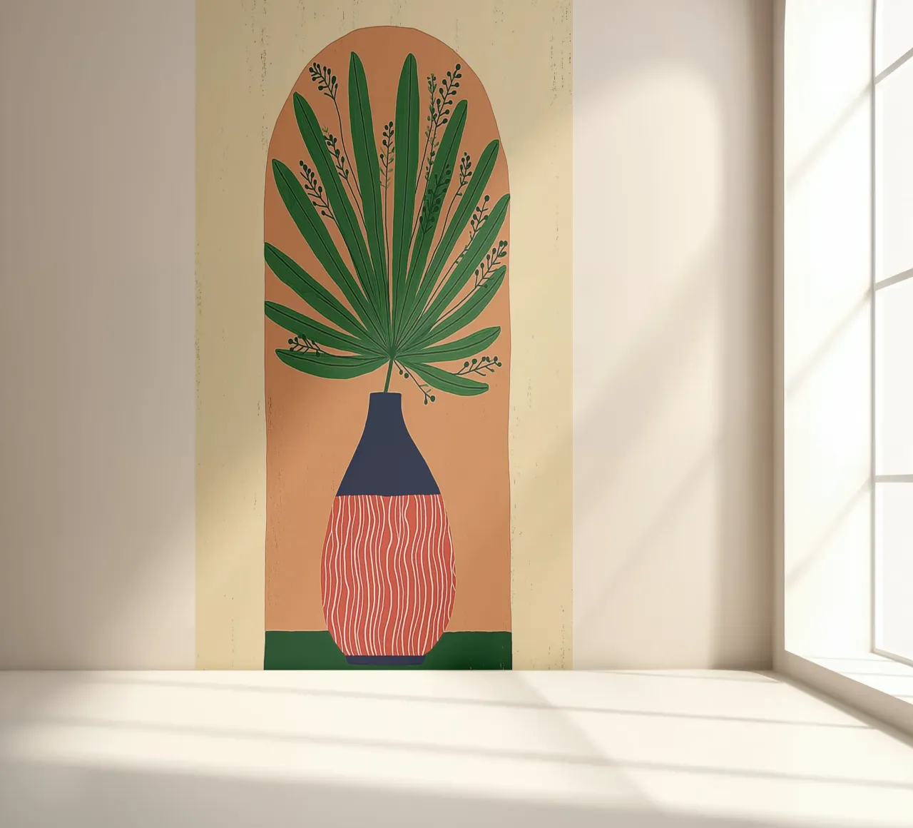 Abstracte waaierpalmvaas - Archway Botanical Art fotobehang van vintagepod