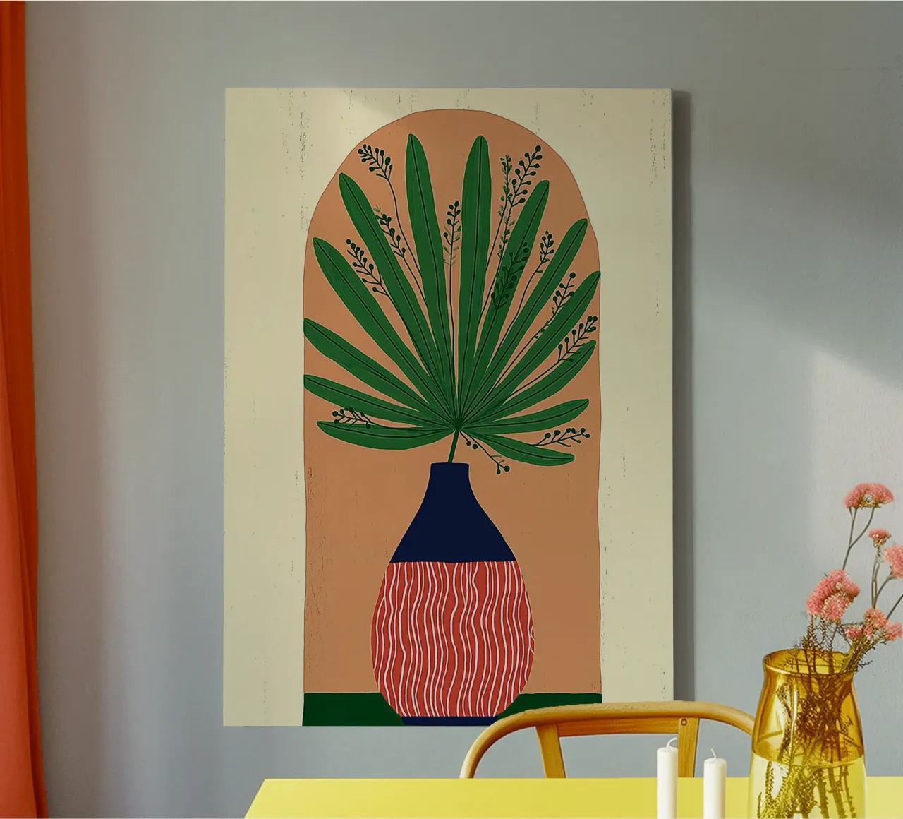 Abstracte waaierpalmvaas - Archway Botanical Art canvas van vintagepod