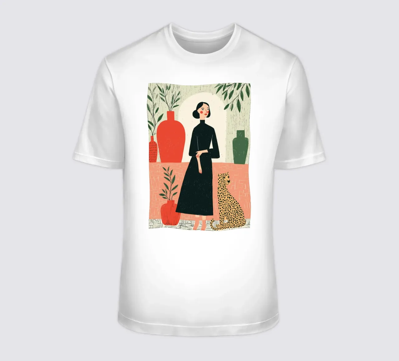Donna chic e leopardo - Ritratto botanico d'interni t-shirt da vintagepod
