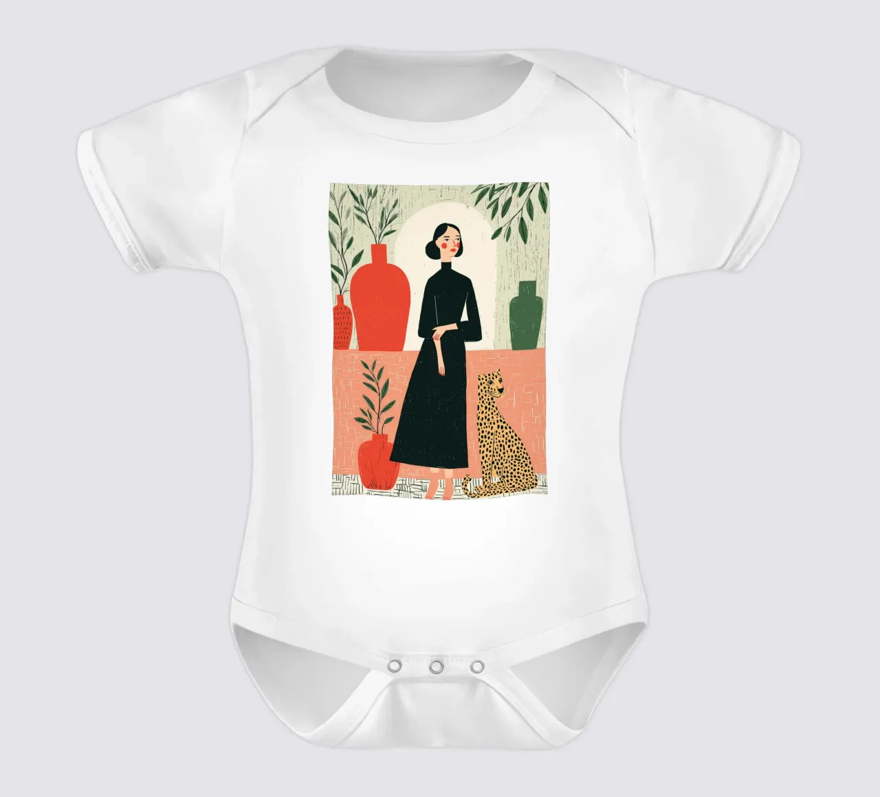 Donna chic e leopardo - Ritratto botanico d'interni body neonato maniche corte da vintagepod