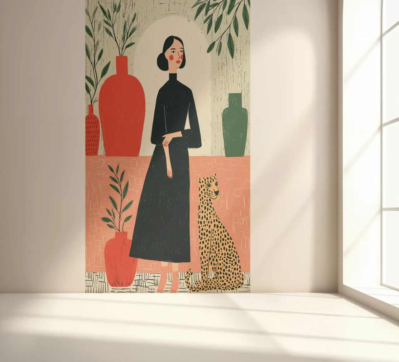 Chic Woman & Leopard - Botanisches Interieur-Portrait Fototapete von vintagepod
