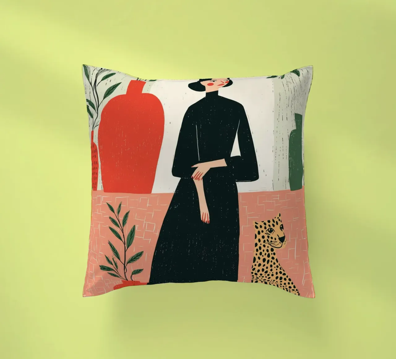 Donna chic e leopardo - Ritratto botanico d'interni cuscino da vintagepod