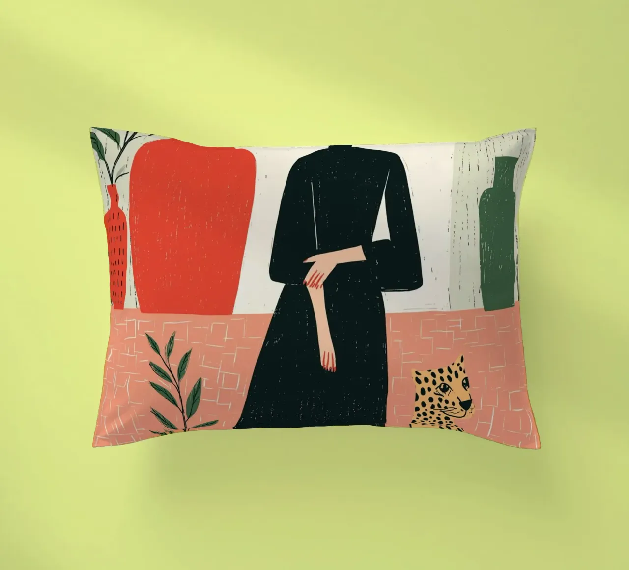 Donna chic e leopardo - Ritratto botanico d'interni cuscino da vintagepod