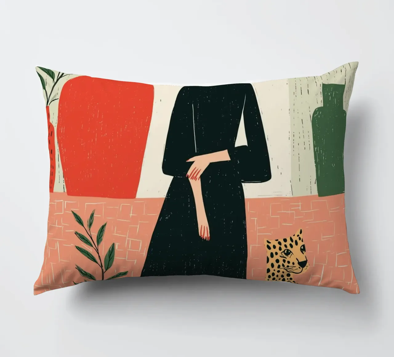 Donna chic e leopardo - Ritratto botanico d'interni cuscino da vintagepod
