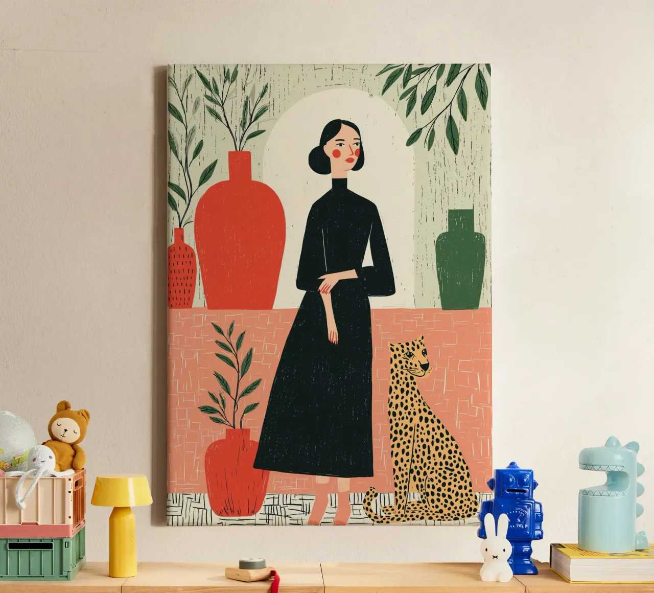 Donna chic e leopardo - Ritratto botanico d'interni tela da vintagepod