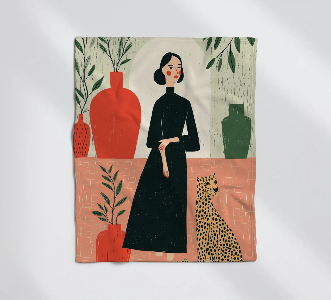 Donna chic e leopardo - Ritratto botanico d'interni coperta in pile da vintagepod