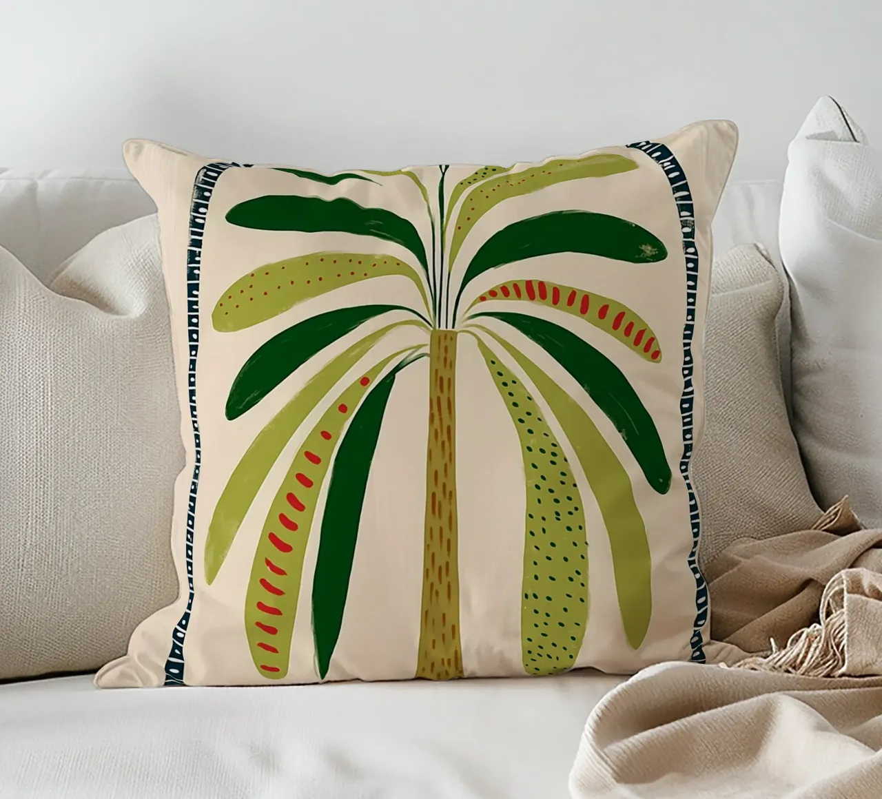 Boho palmboom boog - abstracte volkskunst print kussen van vintagepod