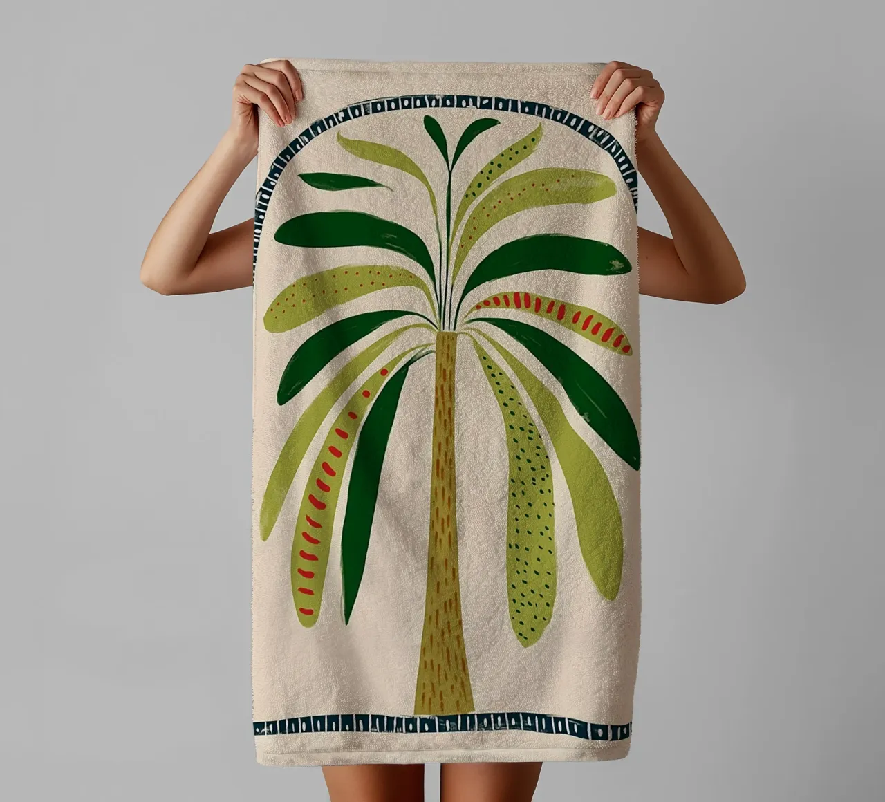 Boho palmboom boog - abstracte volkskunst print badhanddoek van vintagepod