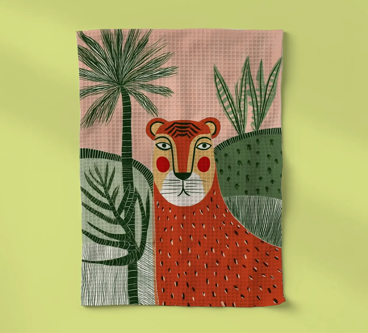 Folk Art Tiger Portrait - Tropical Jungle Scene tea towel by vintagepod