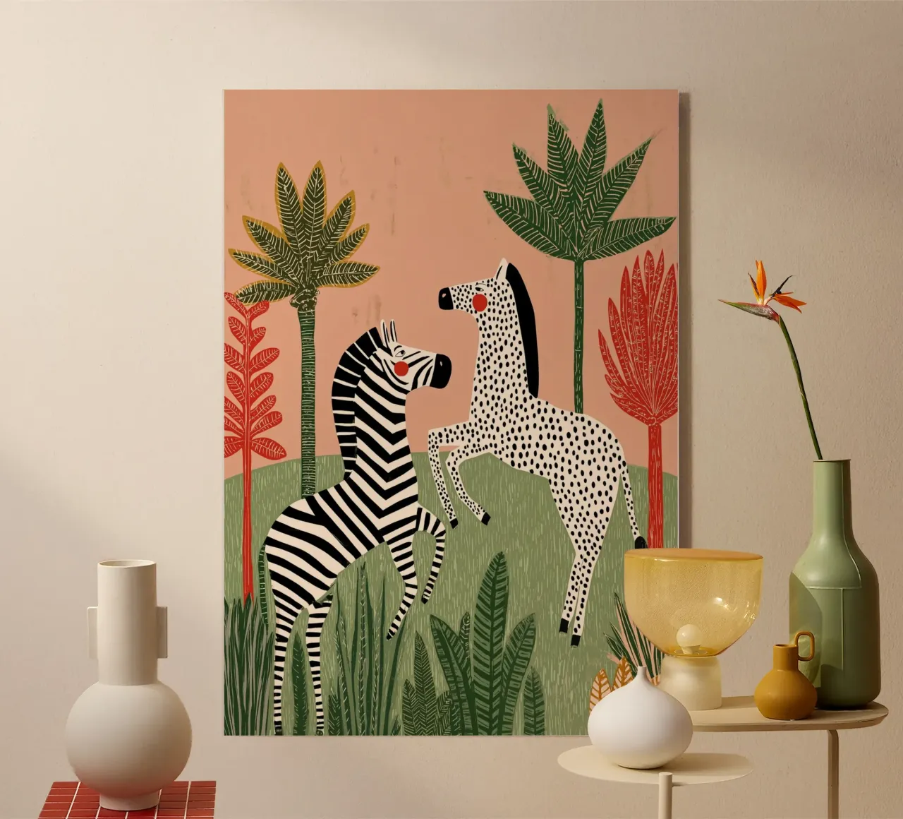 Folk Art Zebra Duo - Tropical Jungle Scene plexiglass da vintagepod