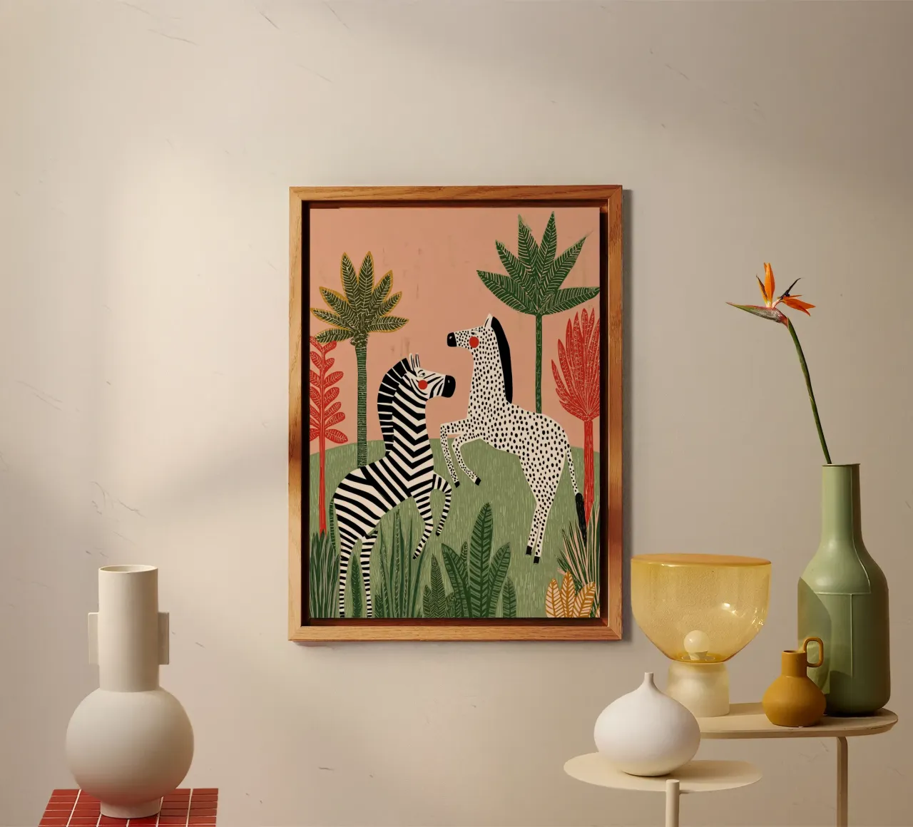 Folk Art Zebra Duo - Tropical Jungle Scene alluminio dibond da vintagepod