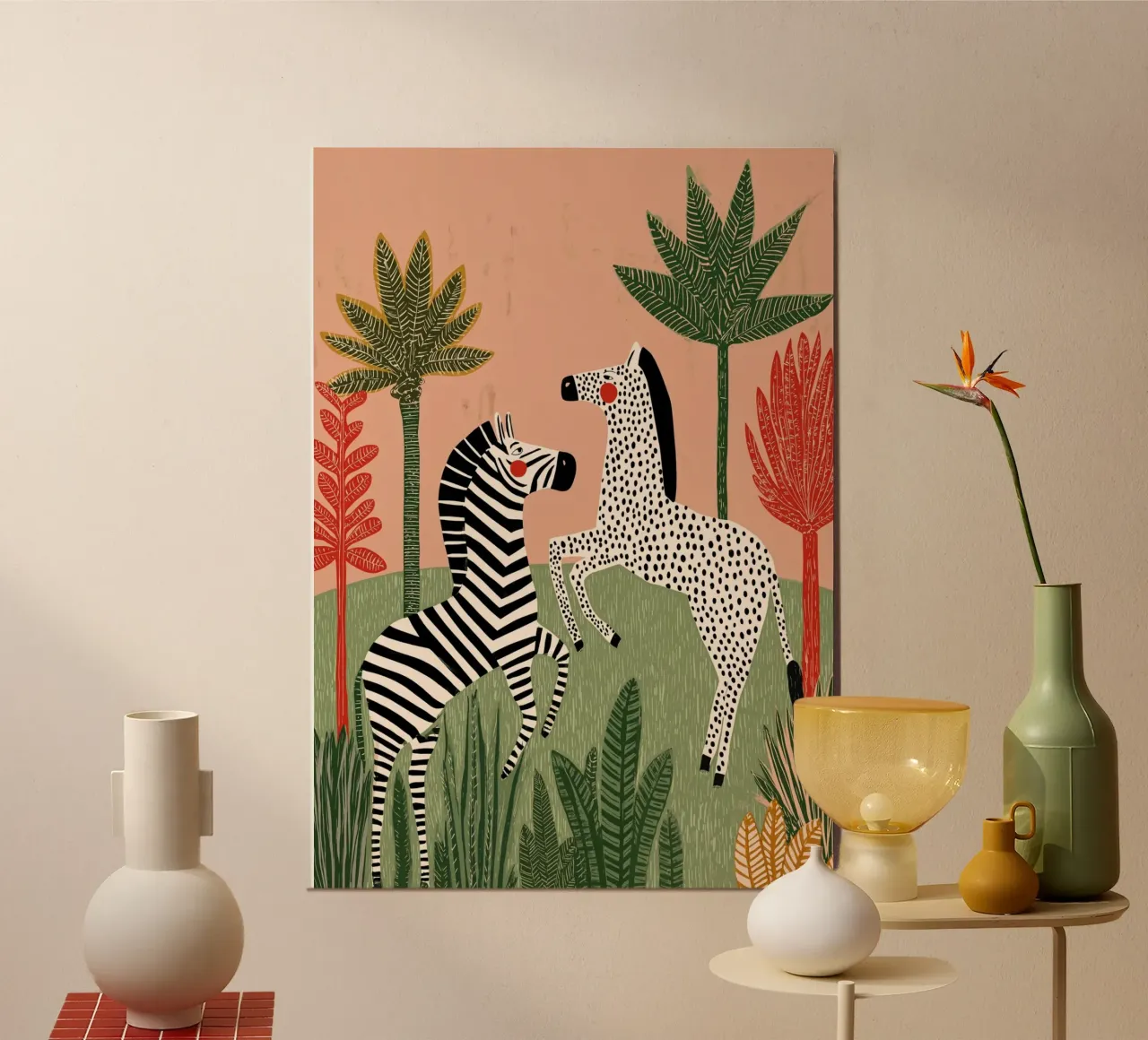 Folk Art Zebra Duo - Tropical Jungle Scene alluminio dibond da vintagepod