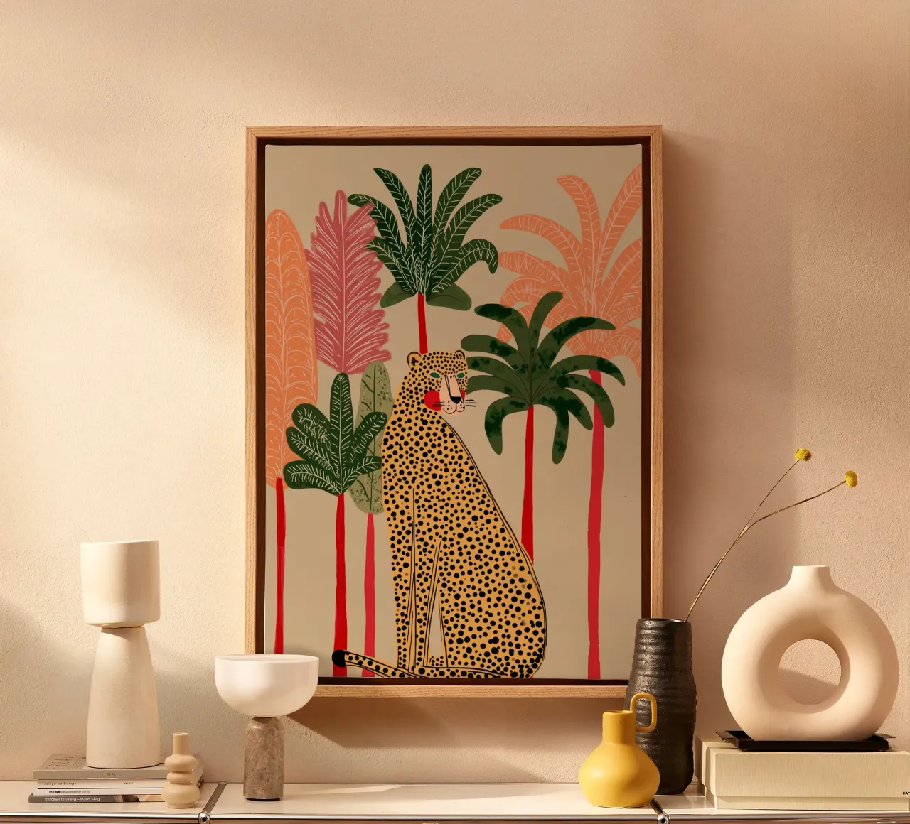 Leopardo Folk Art - Stampa giungla vegetale tropicale tela con Cornice a cassetta da vintagepod
