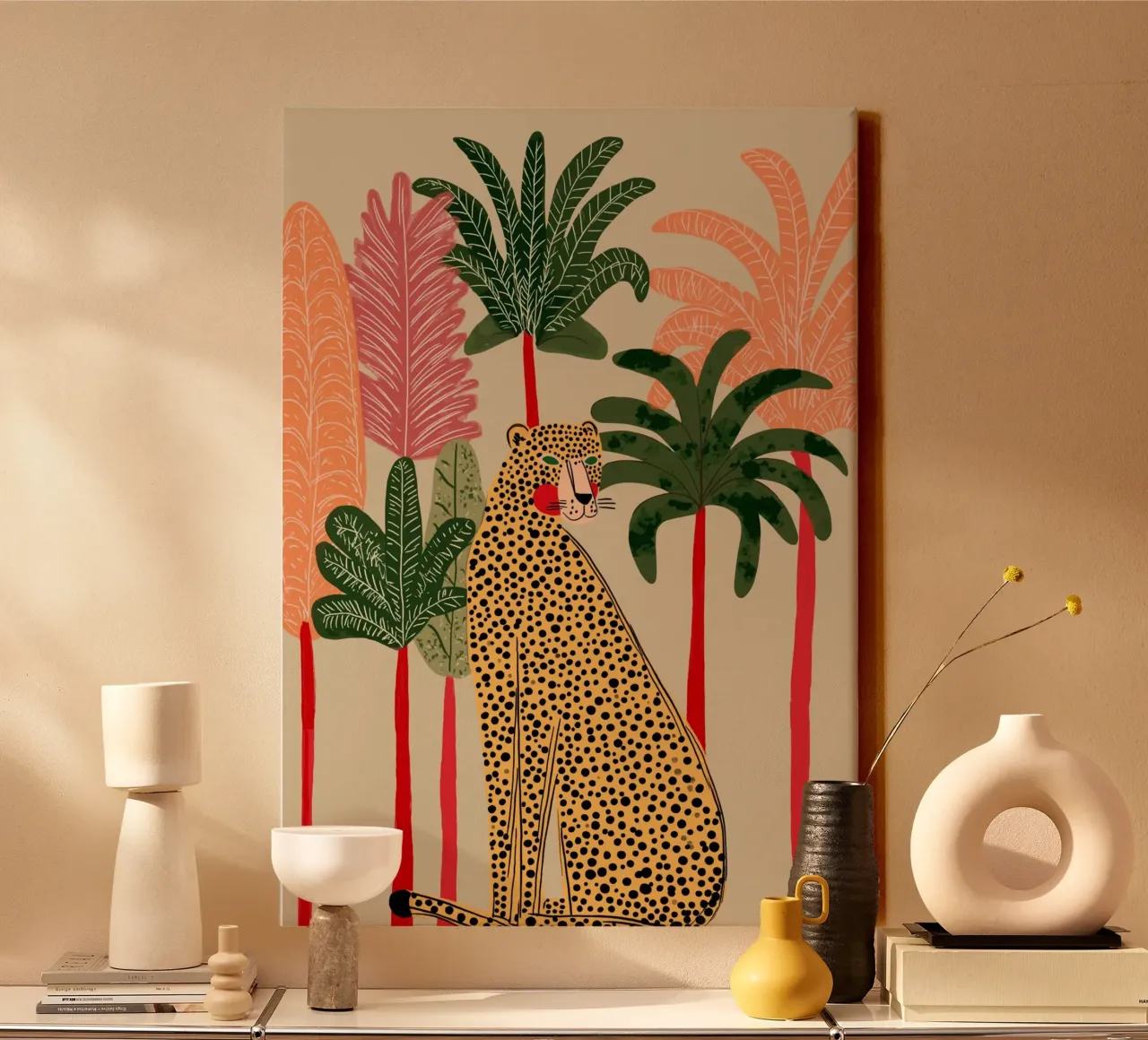 Leopardo Folk Art - Stampa giungla vegetale tropicale tela con Cornice a cassetta da vintagepod