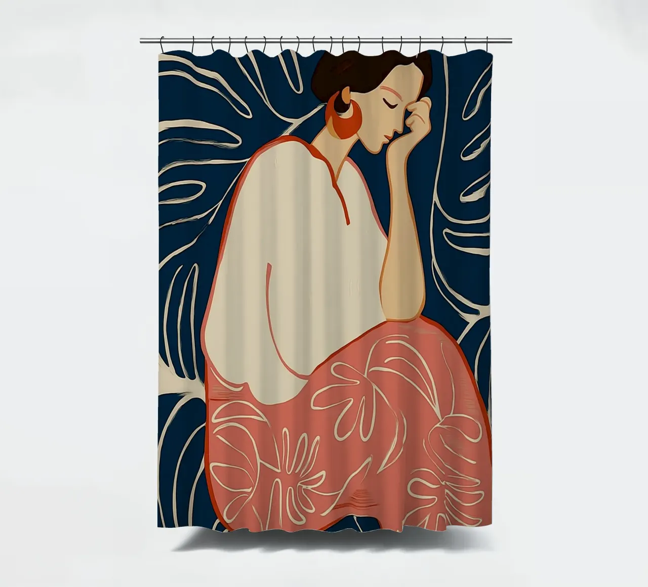 Donna serena in sogno botanico - Arte floreale astratta tenda da doccia da vintagepod
