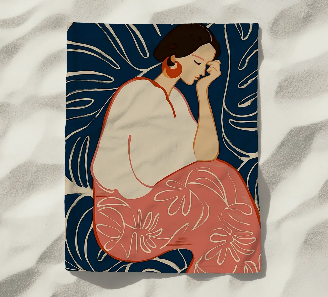 Donna serena in sogno botanico - Arte floreale astratta telo mare da vintagepod