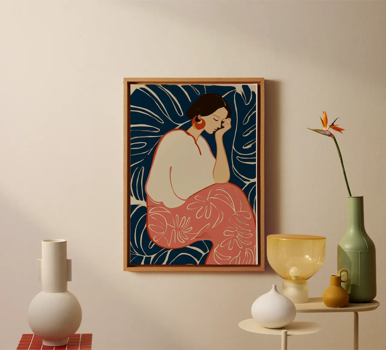 Serene vrouw in botanische droom - Abstracte bloemsierkunst canvas met Baklijst van vintagepod