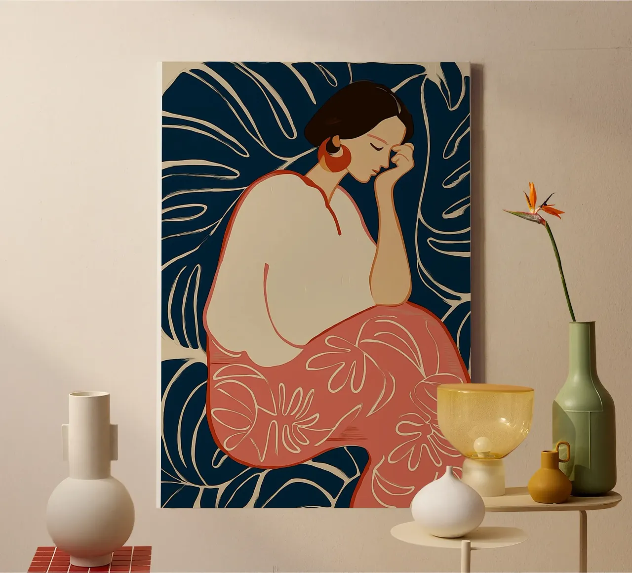 Serene vrouw in botanische droom - Abstracte bloemsierkunst canvas met Baklijst van vintagepod