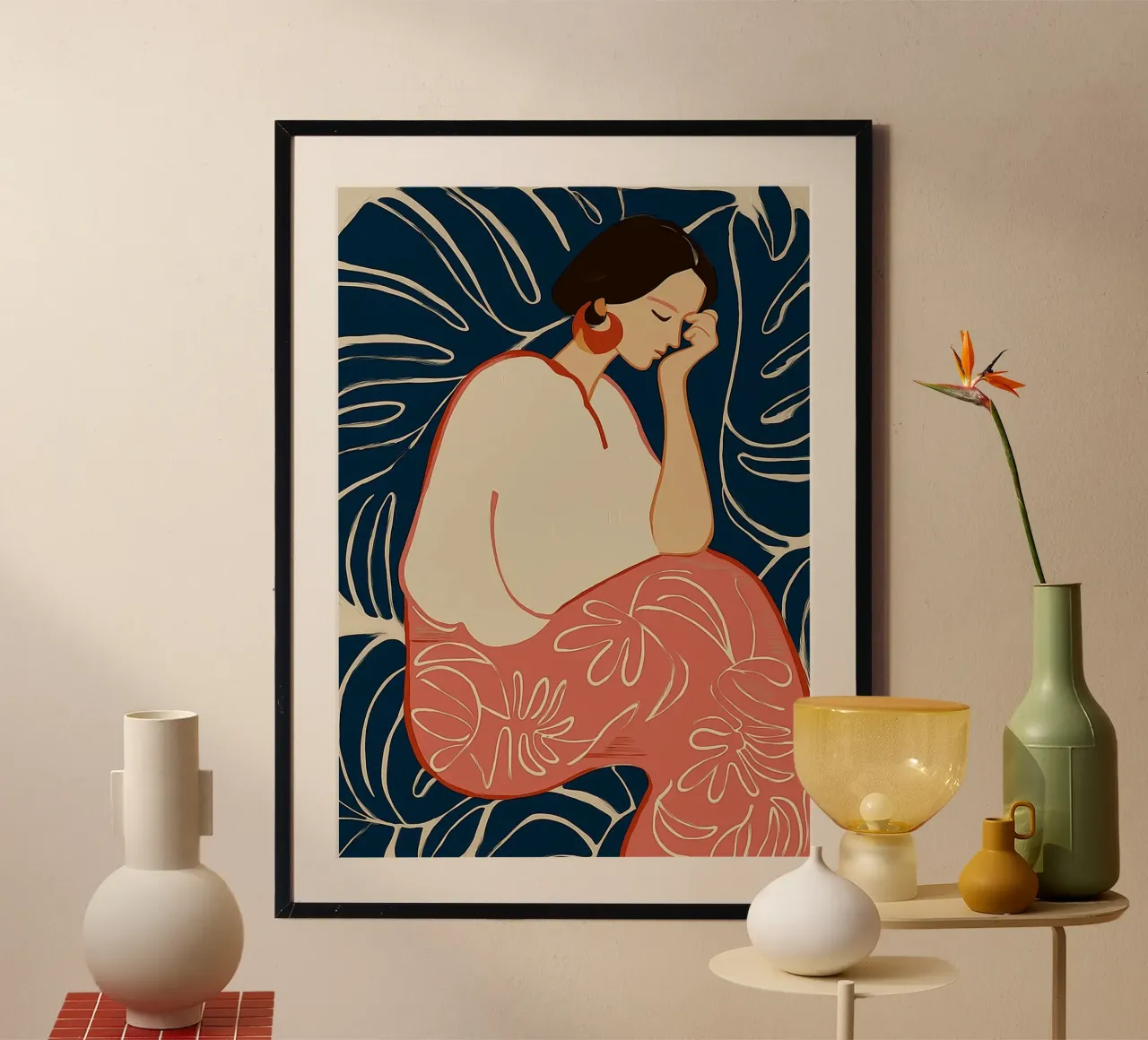 Serene vrouw in botanische droom - Abstracte bloemsierkunst poster van vintagepod