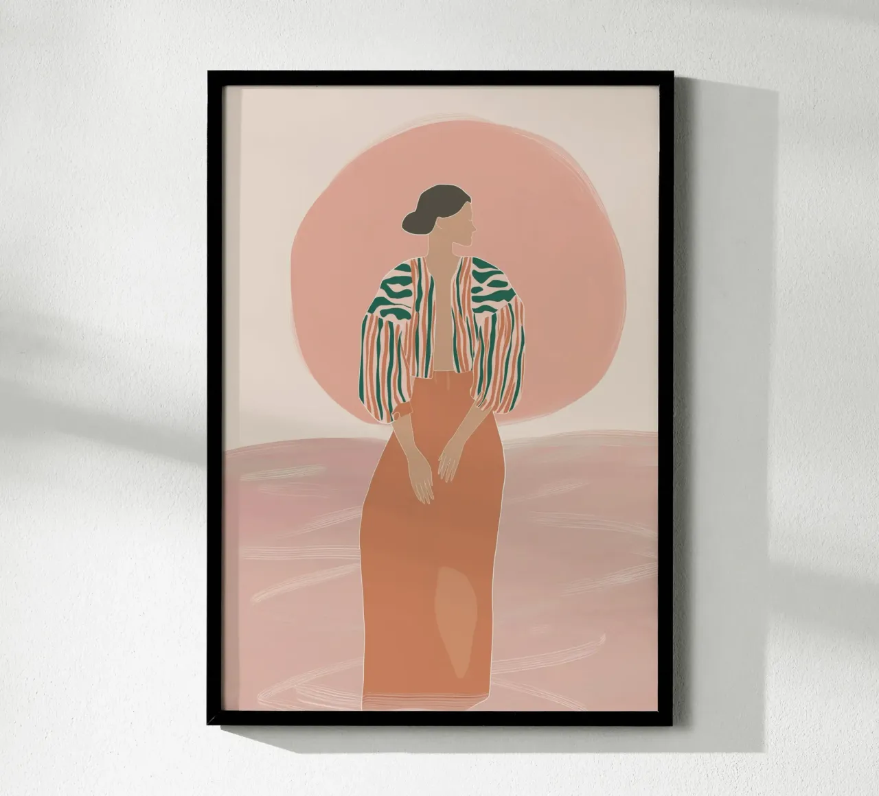 Ritratto di donna boho - Giacca a righe e sole poster con telaio in alluminio da vintagepod