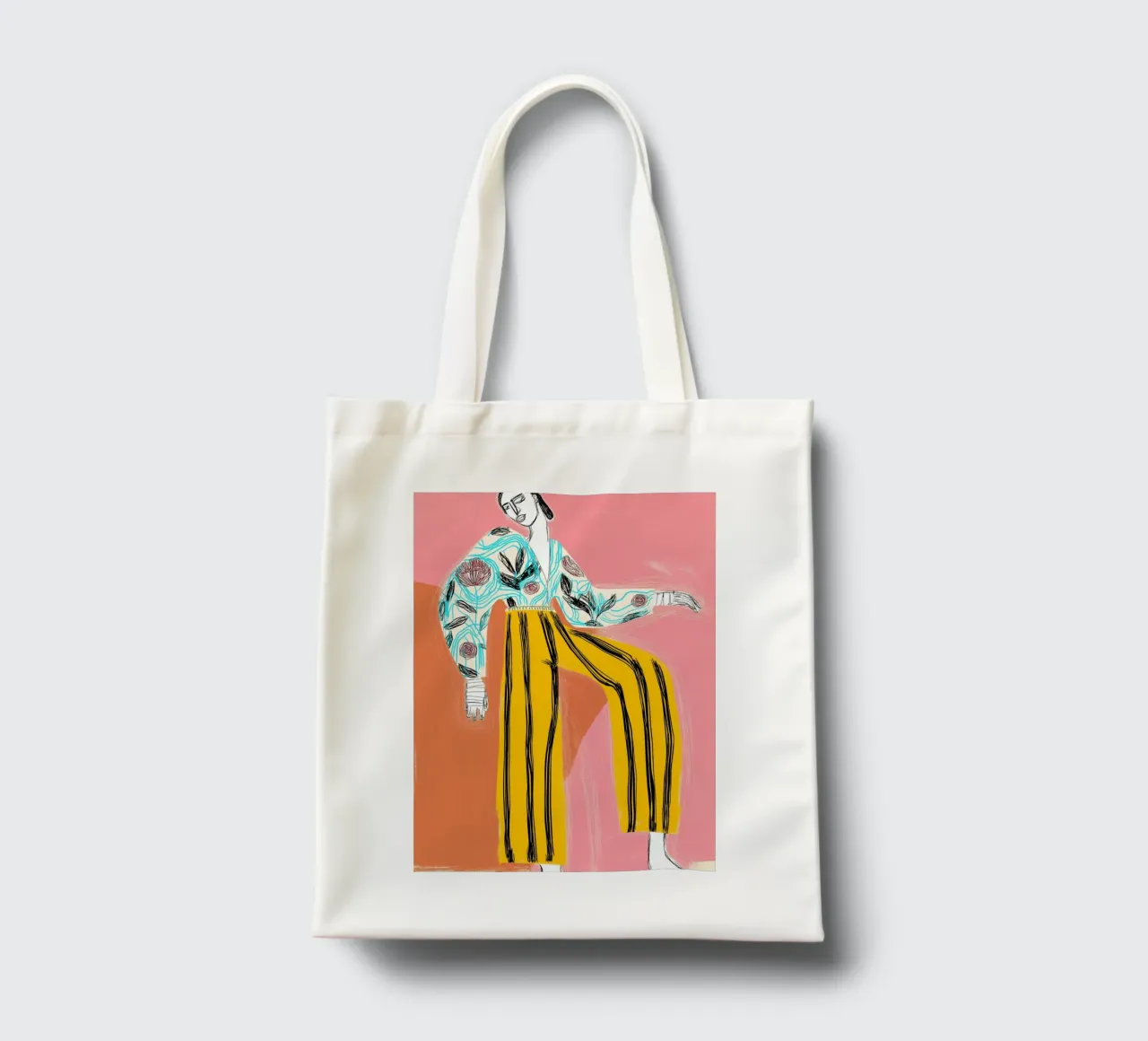 Figura di moda in grassetto - Arte astratta floreale e a righe borsa in juta da vintagepod