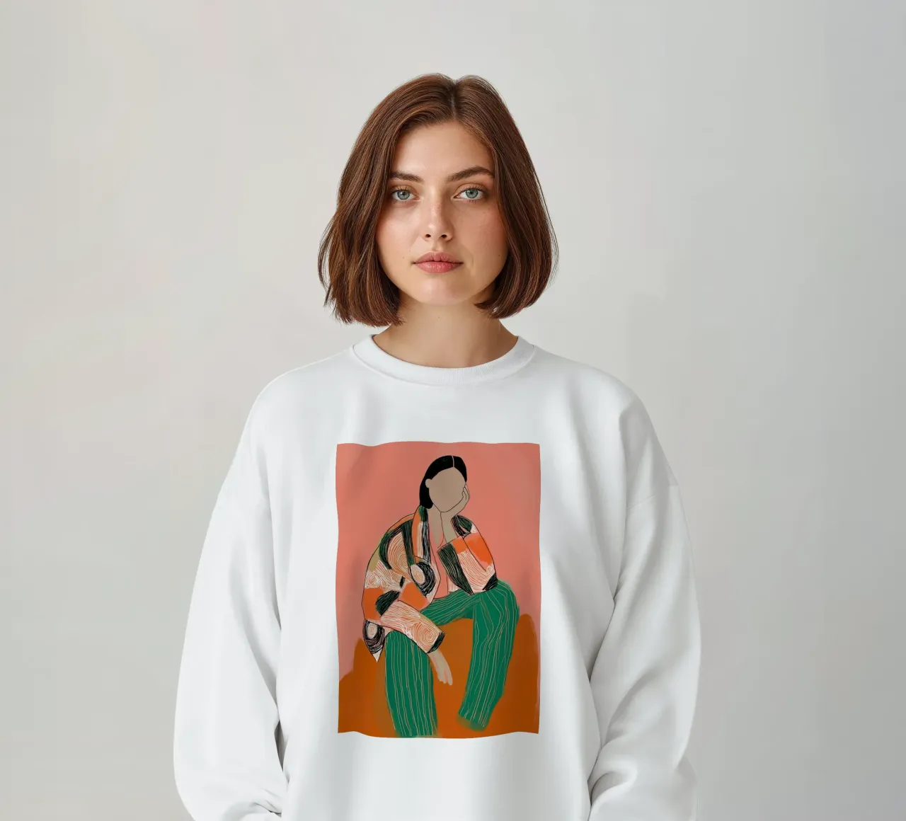 Abstract Peinzend Figuur - Boho Gedessineerde Kunstdruk sweatshirt van vintagepod