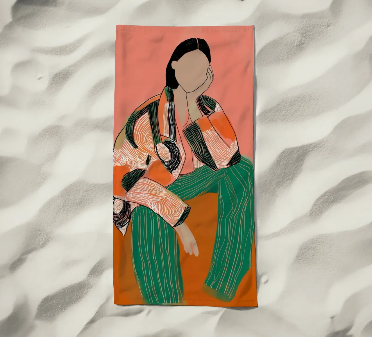 Abstract Peinzend Figuur - Boho Gedessineerde Kunstdruk strandhanddoek van vintagepod
