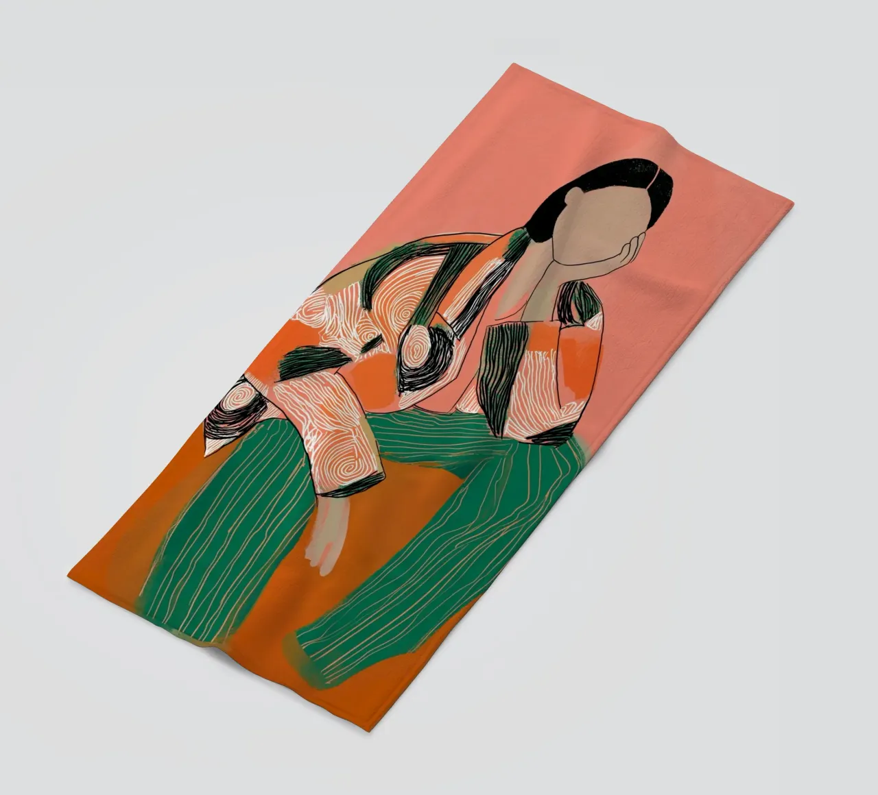 Abstract Peinzend Figuur - Boho Gedessineerde Kunstdruk strandhanddoek van vintagepod