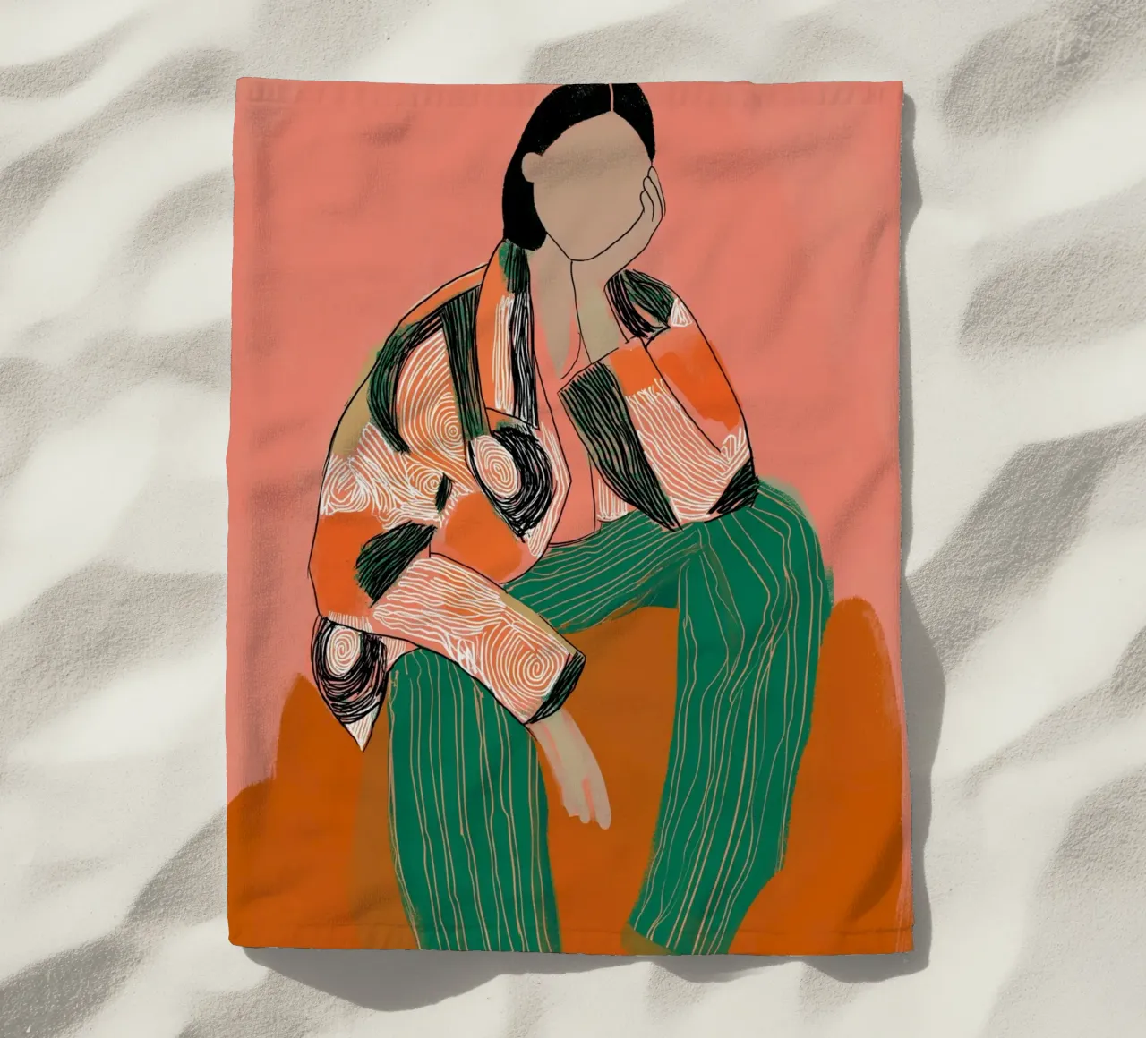 Abstract Peinzend Figuur - Boho Gedessineerde Kunstdruk strandhanddoek van vintagepod