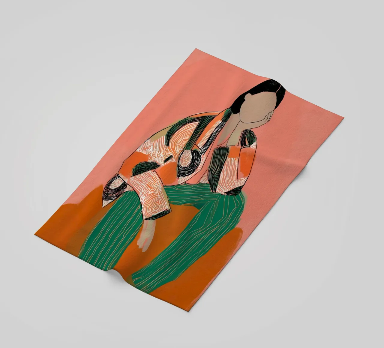 Abstract Peinzend Figuur - Boho Gedessineerde Kunstdruk strandhanddoek van vintagepod