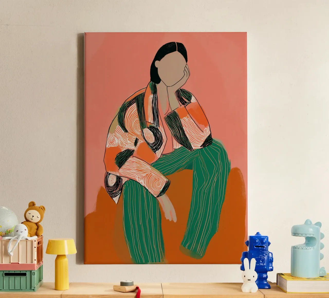 Abstract Peinzend Figuur - Boho Gedessineerde Kunstdruk canvas van vintagepod