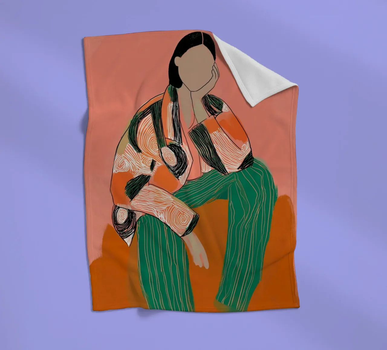 Abstract Peinzend Figuur - Boho Gedessineerde Kunstdruk fleecedeken van vintagepod