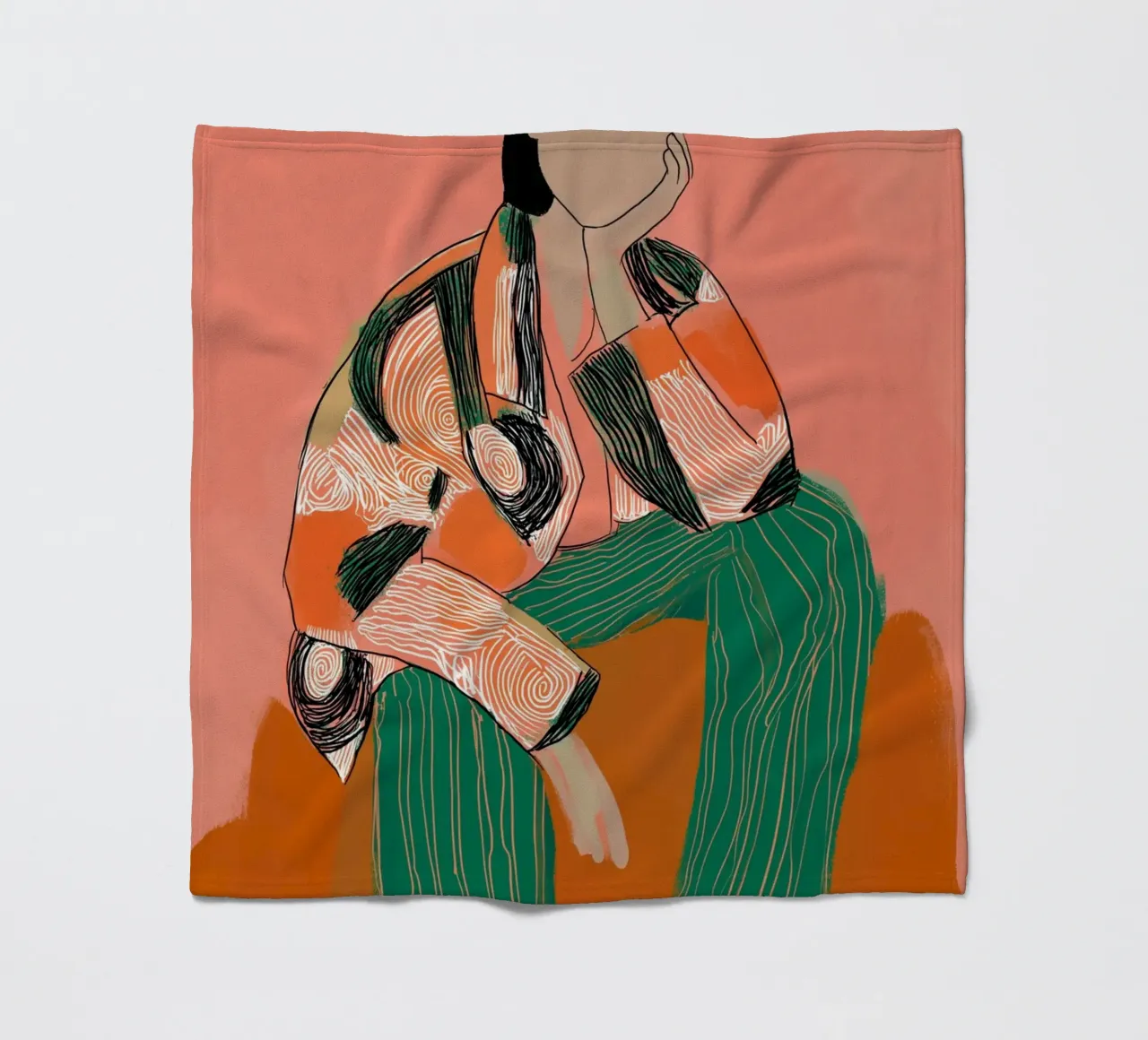 Abstract Peinzend Figuur - Boho Gedessineerde Kunstdruk fleecedeken van vintagepod