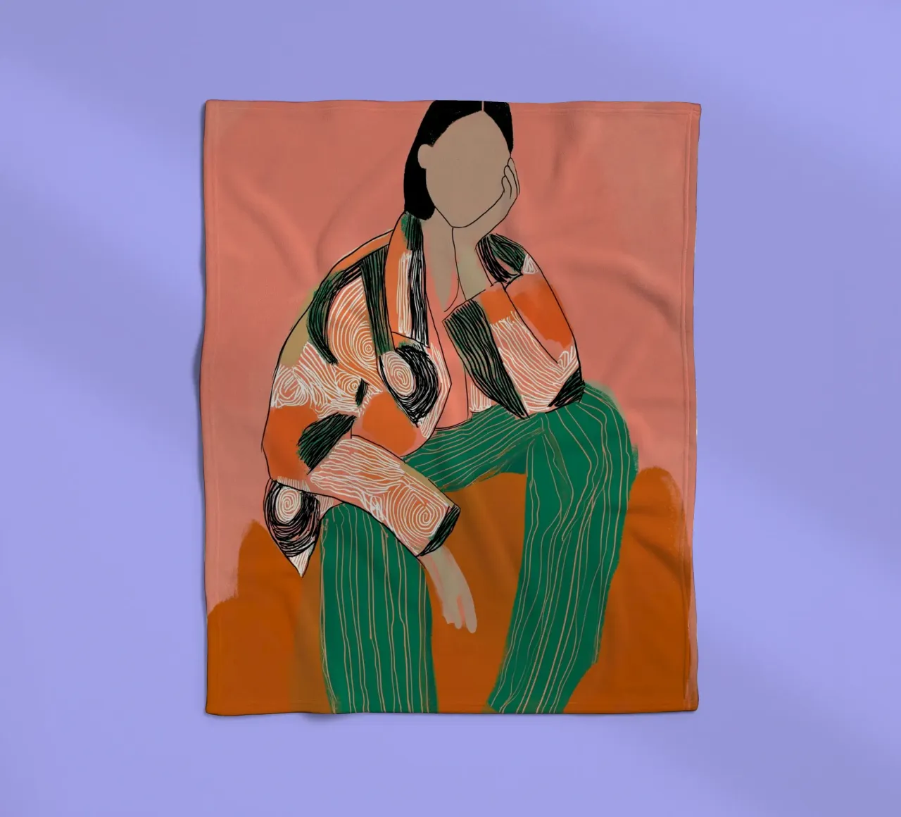 Abstract Peinzend Figuur - Boho Gedessineerde Kunstdruk fleecedeken van vintagepod