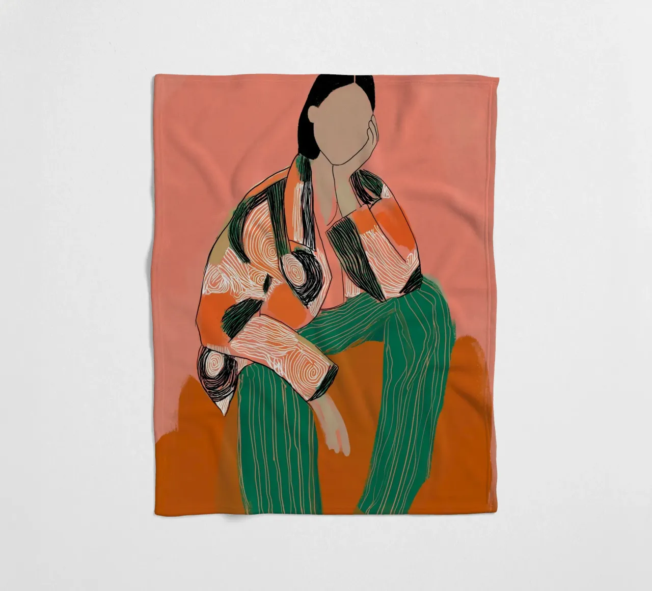Abstract Peinzend Figuur - Boho Gedessineerde Kunstdruk fleecedeken van vintagepod