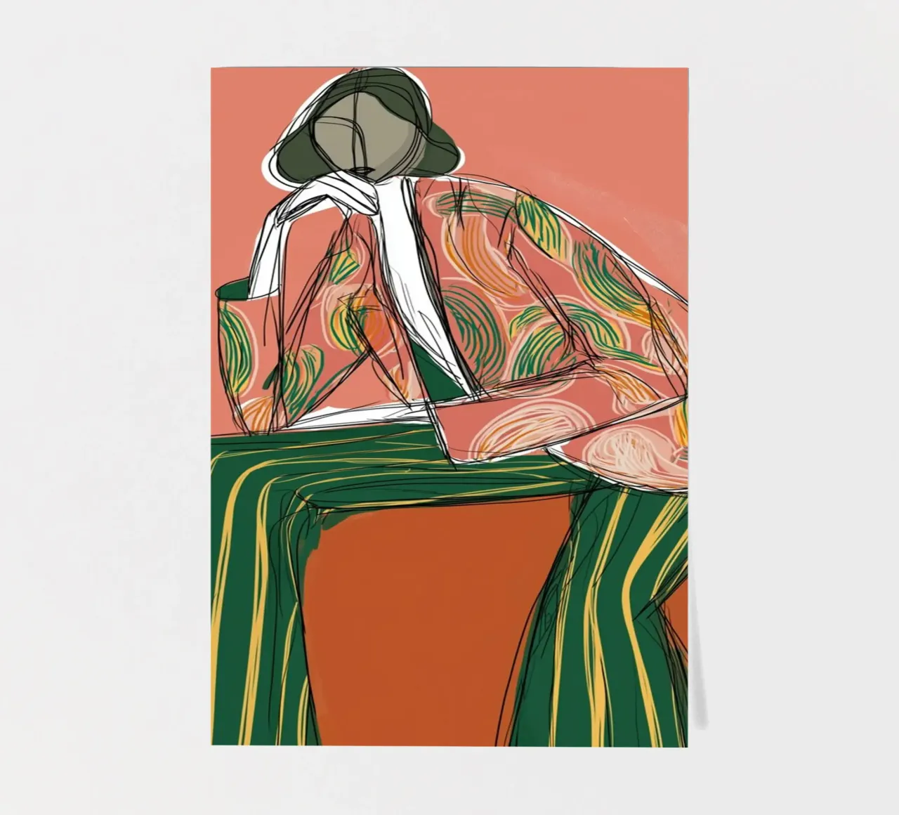 Modefigur in abstrakten Streifen - Retro-Boho-Kunst Stickerbogen von vintagepod