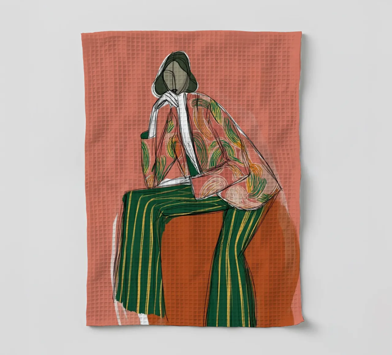 Modefigur in abstrakten Streifen - Retro-Boho-Kunst Geschirrtuch von vintagepod