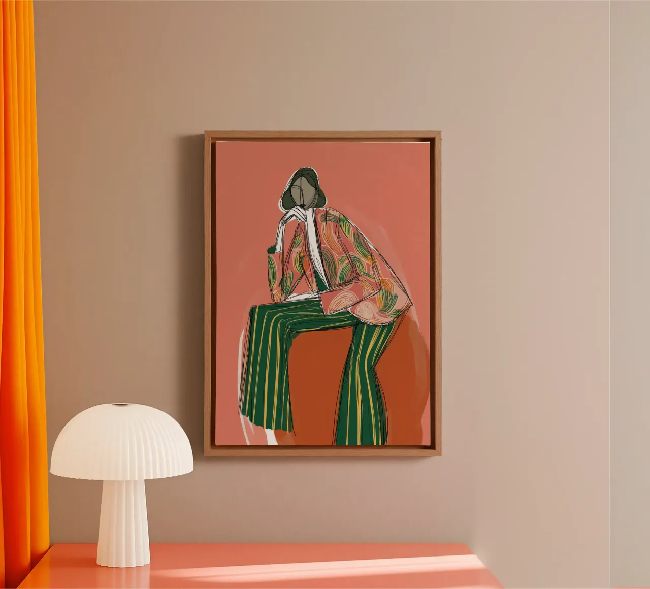 Modefiguur in abstracte strepen - Retro Boho kunst canvas van vintagepod