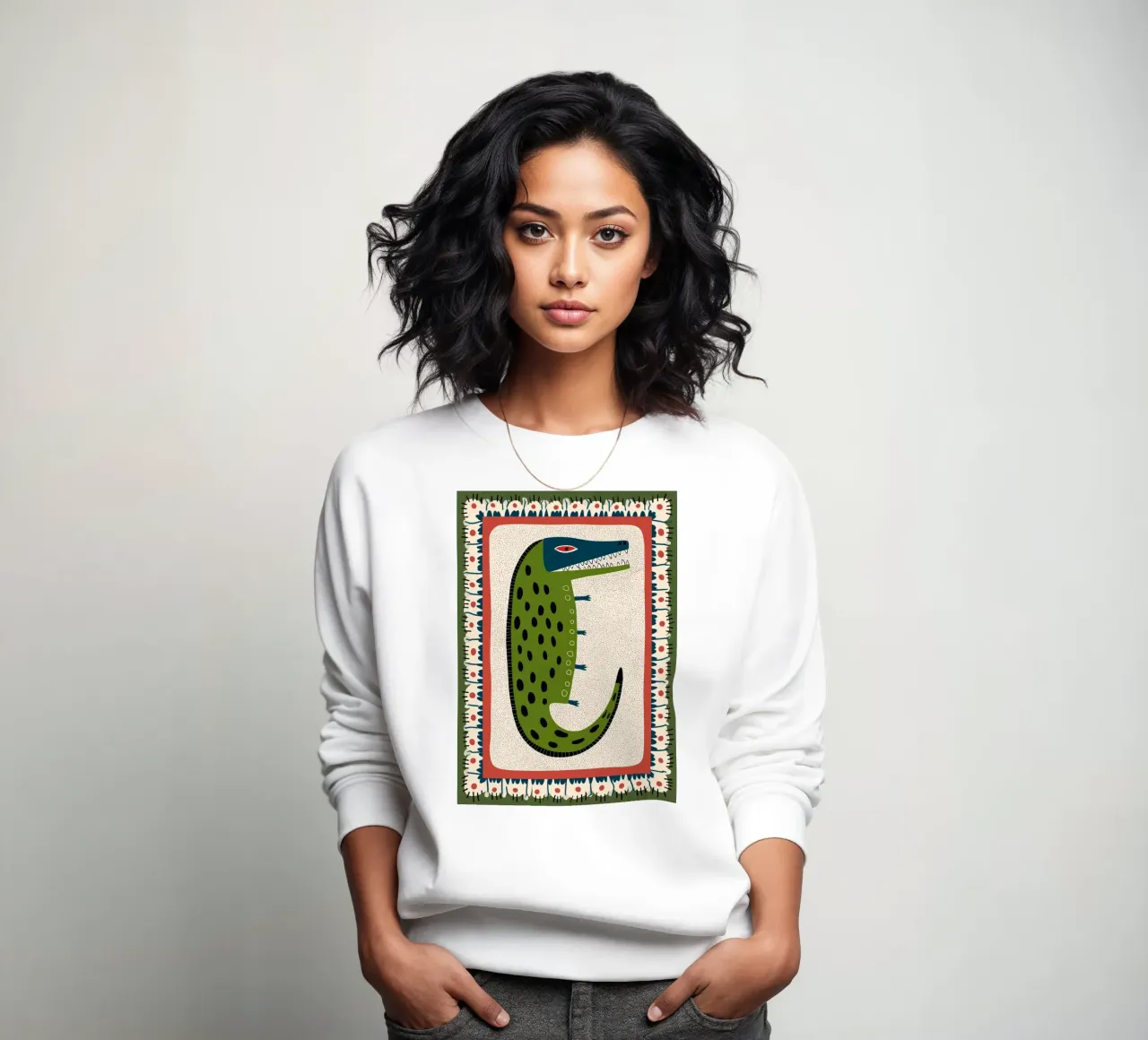 Folk Art Cocodrilo - Impresión caprichosa de reptil verde sudadera de vintagepod