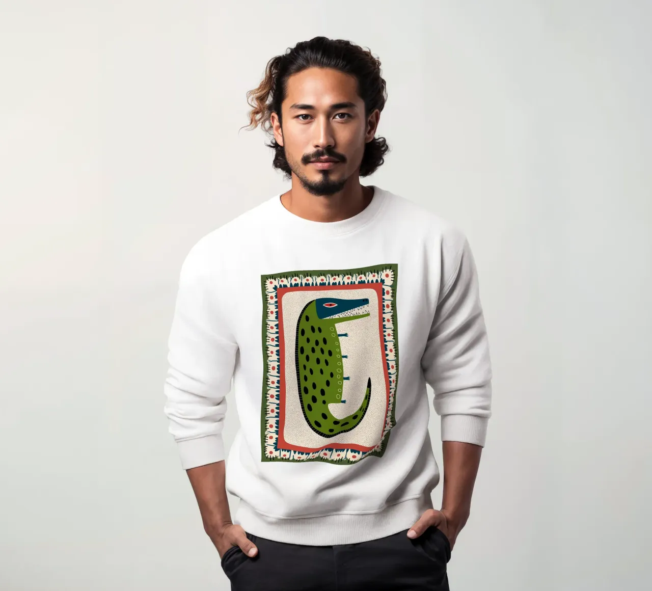 Folk Art Cocodrilo - Impresión caprichosa de reptil verde sudadera de vintagepod
