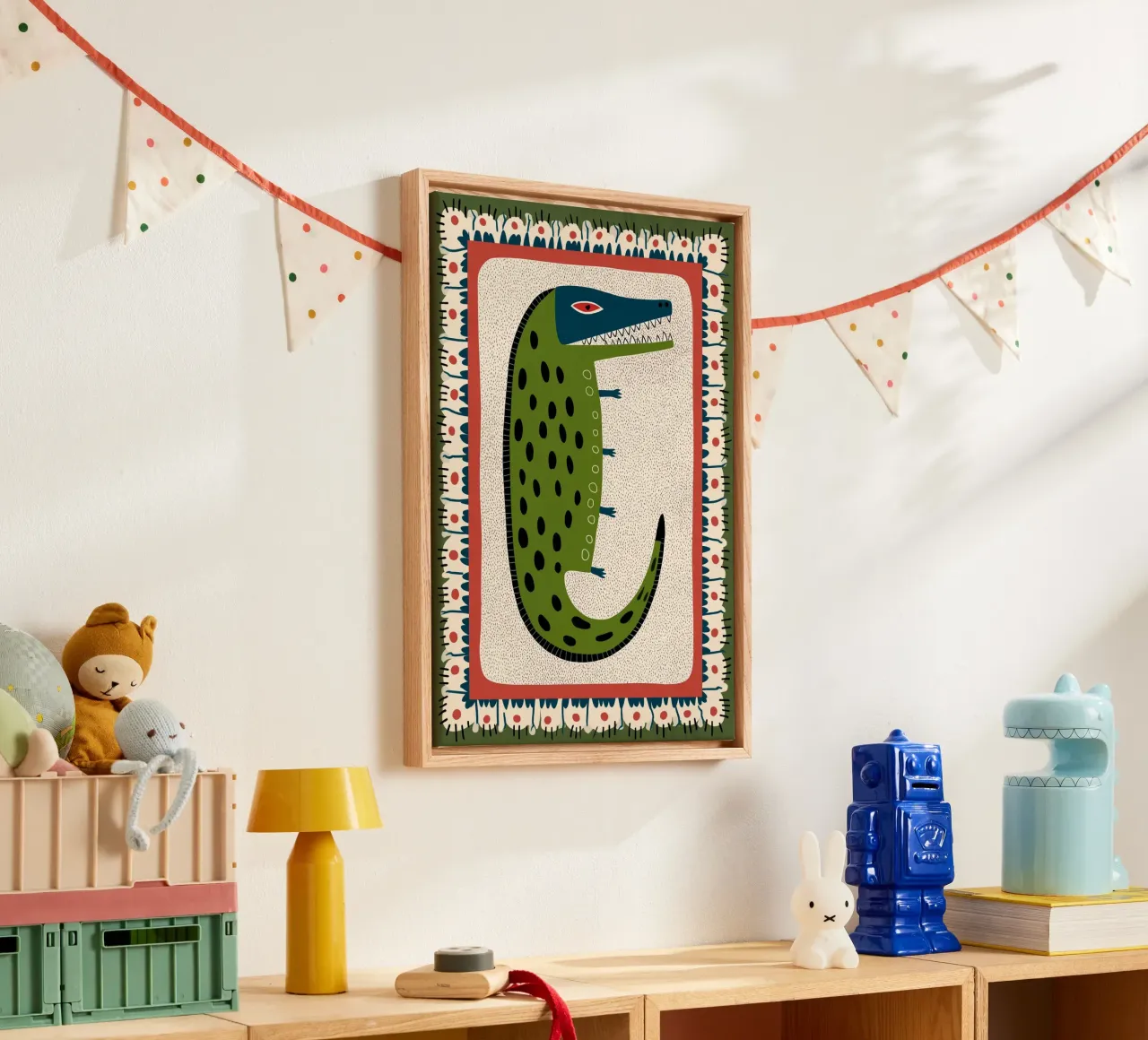 Folk Art Crocodile - Whimsical Green Reptile Print canvas with Floater frame by vintagepod