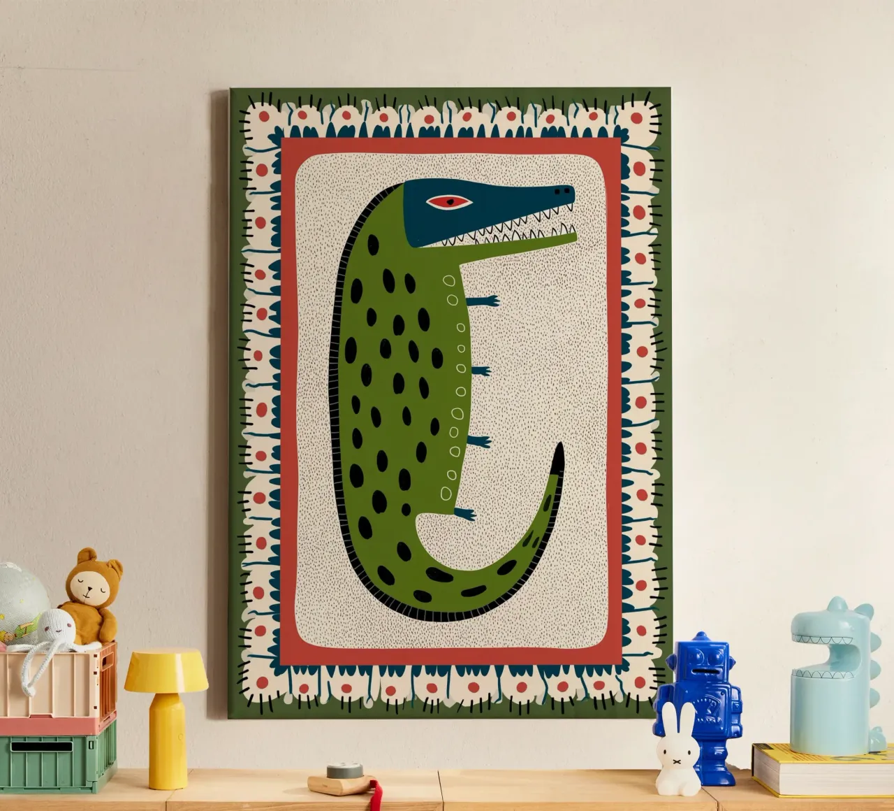 Folk Art Crocodile - Whimsical Green Reptile Print canvas with Floater frame by vintagepod