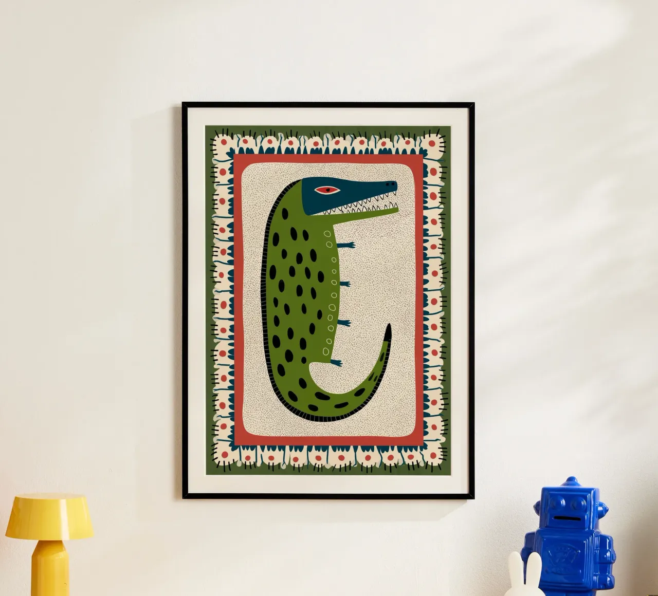 Folk Art Crocodile - Impression fantaisiste de reptile vert poster avec cadre en plastique de vintagepod