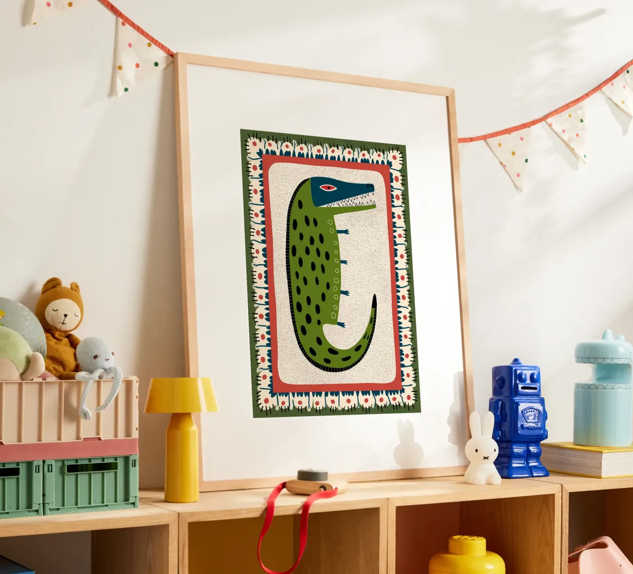 Coccodrillo Folk Art - Stampa stravagante di un rettile verde poster da vintagepod