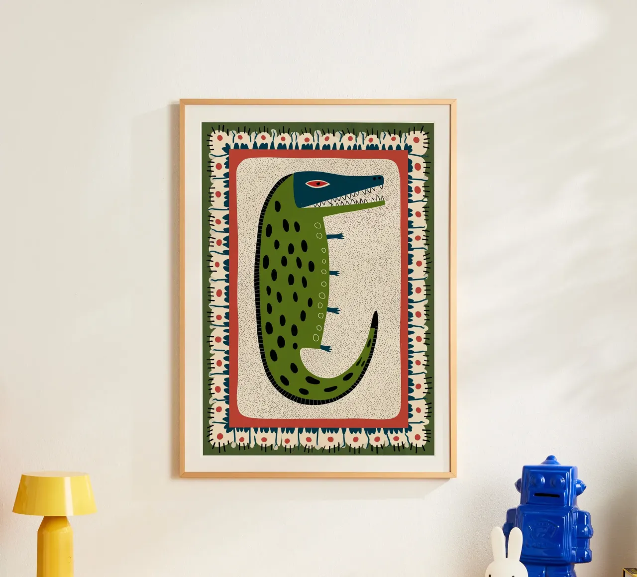 Coccodrillo Folk Art - Stampa stravagante di un rettile verde poster da vintagepod